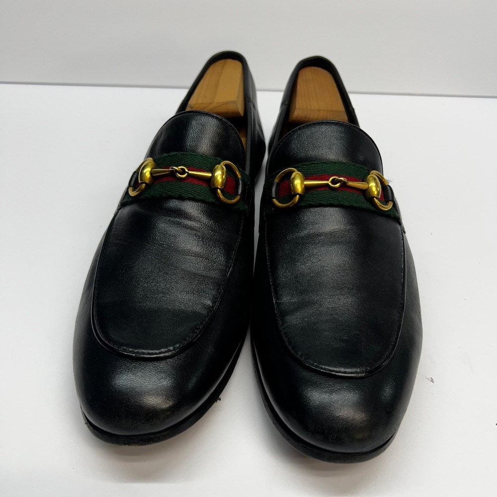 Gucci Black Leather Loafers with Gold and Green Accents